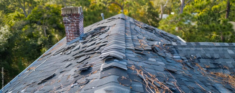 Damaged roof shingles with fallen branches. Damaged roof shingles with fallen branches.