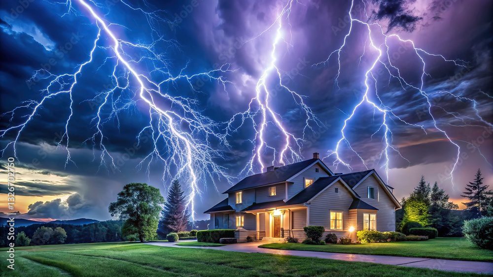 House with dramatic lightning in the sky. House with dramatic lightning in the sky.