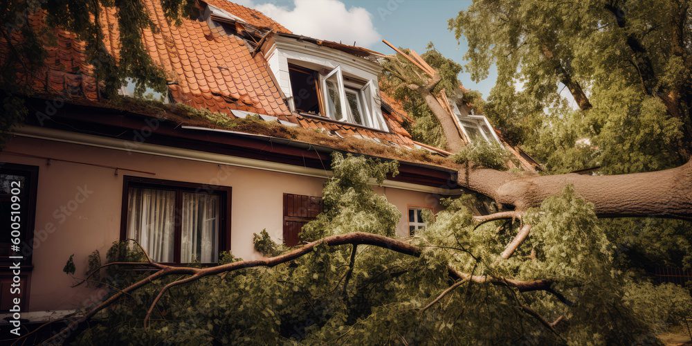 Tree fallen on house roof after storm. Tree fallen on house roof after storm.