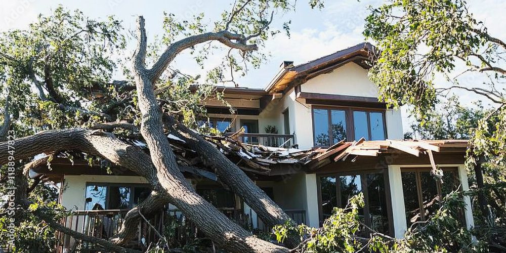 Fallen tree on damaged house roof. Fallen tree on damaged house roof.